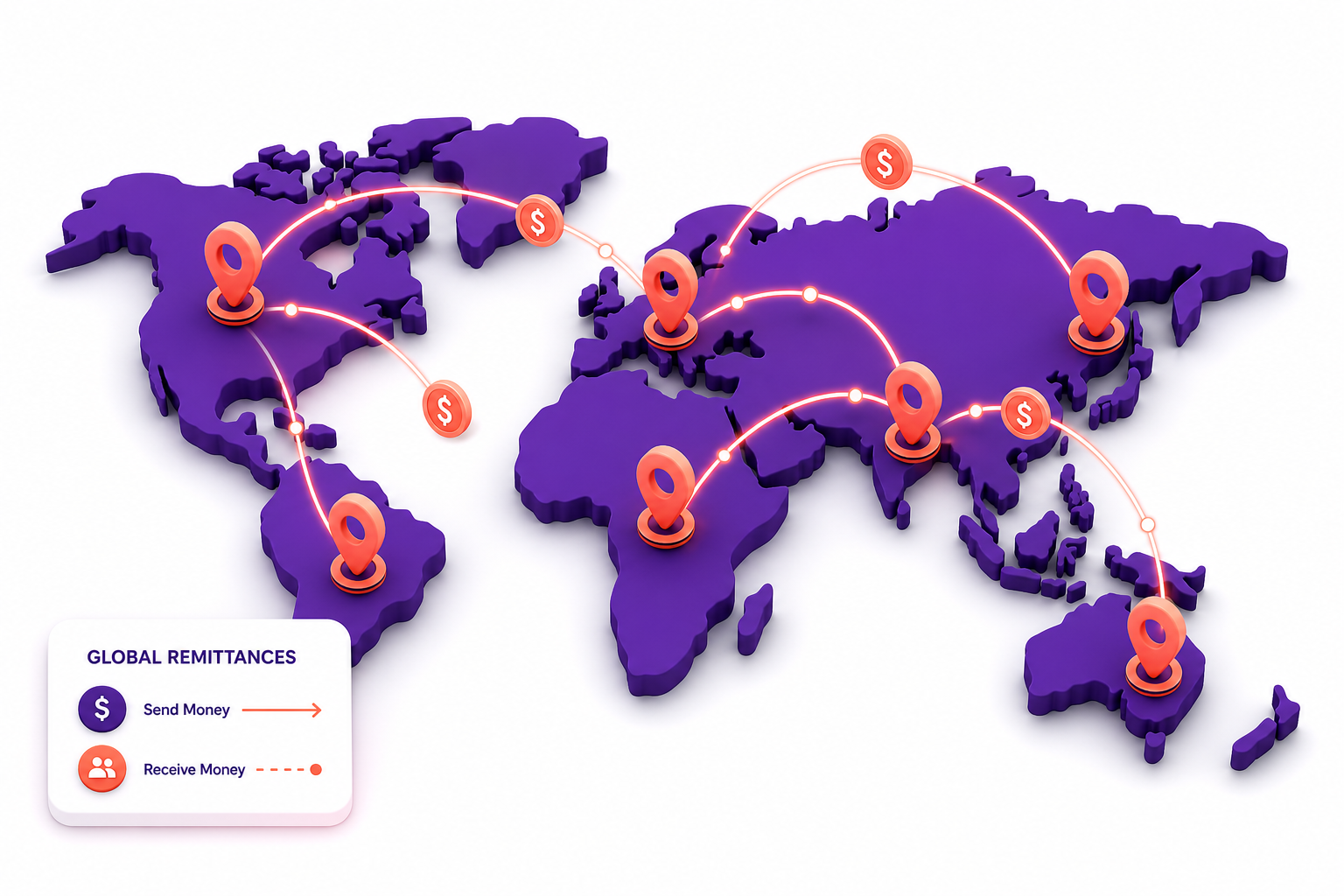 3D world map showing remittance corridors between countries